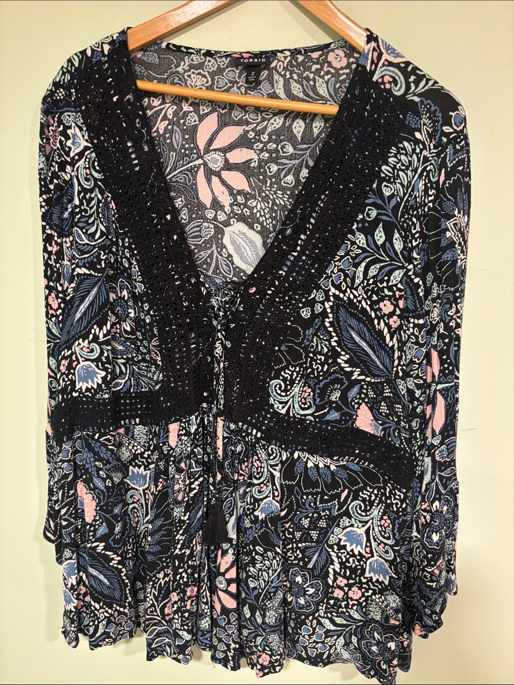 Torrid Black Floral Crochet-Trim Peasant Top - Pink & Blue